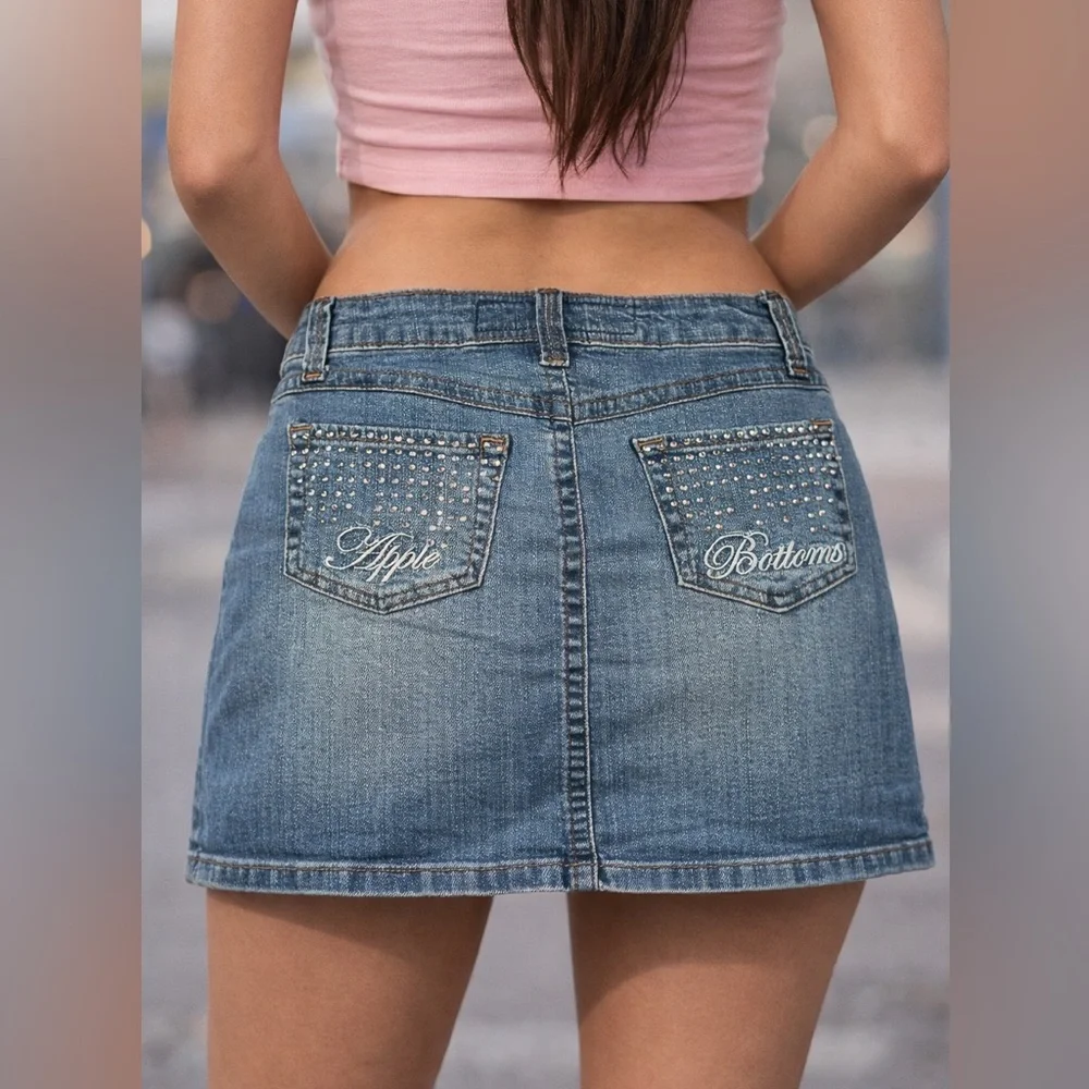 Vintage Y2K Apple Bottoms Rhinestone Denim Mini Skirt - Picture 1 of 12